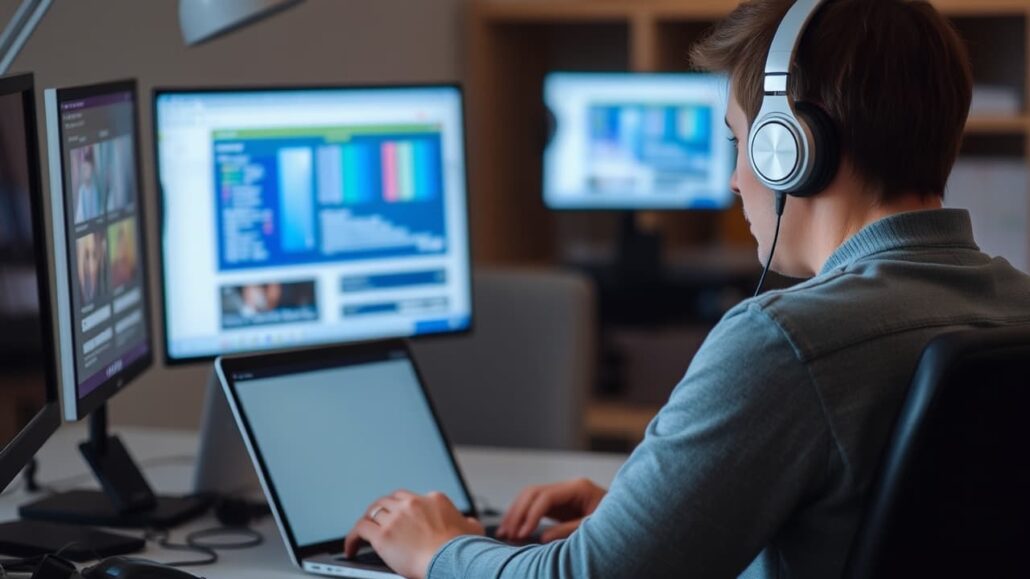 A person sitting at a desk with a laptop, wearing headphones and focused on the screen